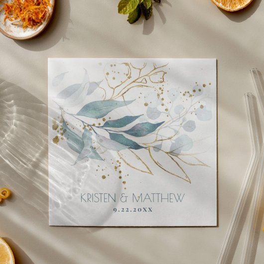 Serviette En Papier Aquarelle Bleu Duché Floral Élégant Mariage
