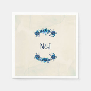 Serviette En Papier Aquarelle bleu et beige Indigo Fleurs Vintages