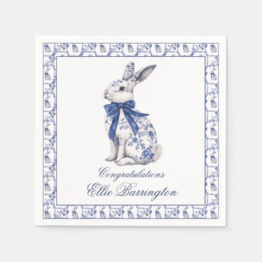 Serviette En Papier Aquarelle Bleu et blanc Chinoiserie Lapin Rabbit (Devant)