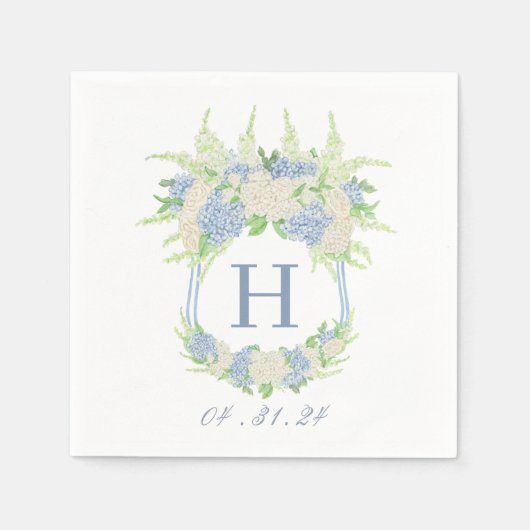Serviette En Papier Aquarelle Bleu et Blanc Hydrangea Crest (Devant)