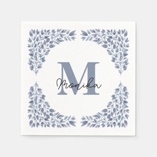 Serviette En Papier Aquarelle Bleu Feuille bundle Lettre M Monogramme (Devant)