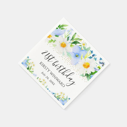 Serviette En Papier Aquarelle Bleu Fleurs et marguerites Anniversaire (Coin)