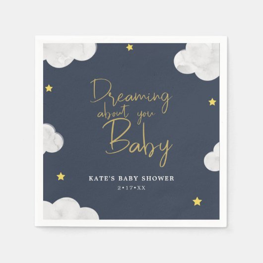 Serviette En Papier Aquarelle bleu foncé Nuages Baby shower garçon (Devant)