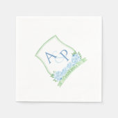 Serviette En Papier Aquarelle Bleu Hydrangée Vert Mariage Monogramme (Devant)