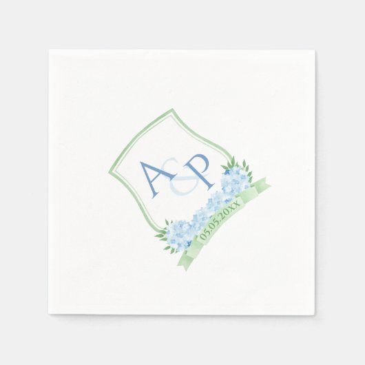 Serviette En Papier Aquarelle Bleu Hydrangée Vert Mariage Monogramme (Devant)