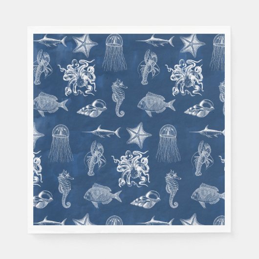 Serviette En Papier Aquarelle bleu marine Océan Animaux marins (Devant)
