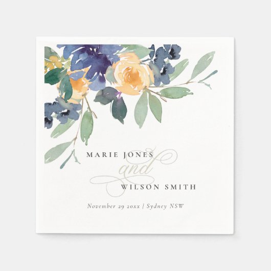 Serviette En Papier Aquarelle bleu rustique Mariage floral (Devant)