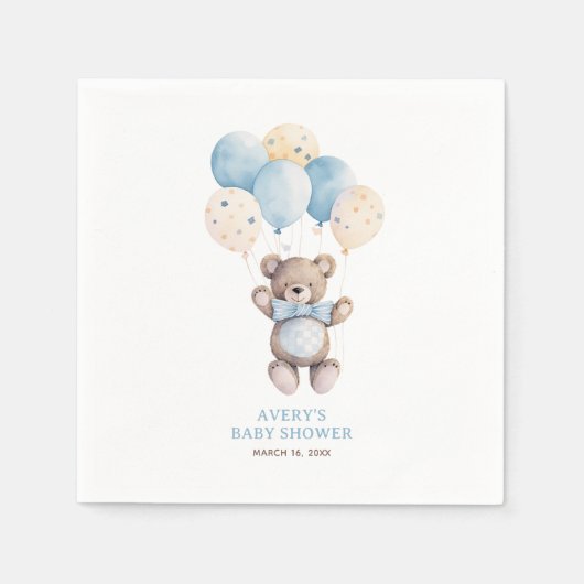 Serviette En Papier Aquarelle bleu Teddy Bear Baby shower garçon (Devant)