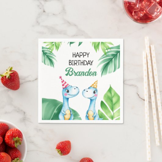 Serviette En Papier Aquarelle Bleu Trex Vert Enfants 3e anniversaire (En situation)