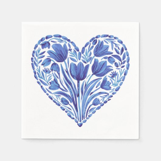 Serviette En Papier Aquarelle Bleu Tulipes Coeur Sur Blanc (Devant)