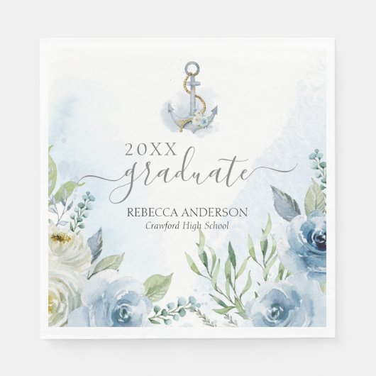Serviette En Papier Aquarelle Bleue délicate Ancres florales Graduatio (Devant)