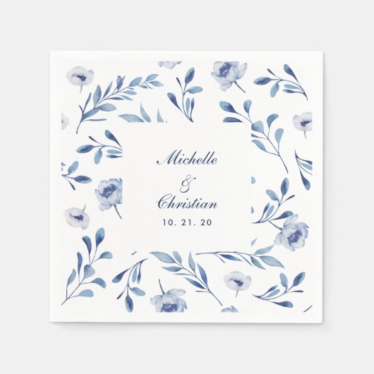 Serviette En Papier Aquarelle bleue Mariage floral Napkin (Devant)