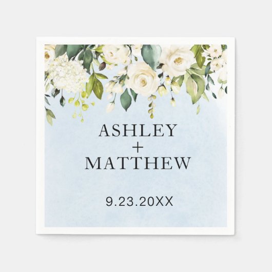 Serviette En Papier Aquarelle Bleue Rose Blanche Élégant Mariage servi (Devant)