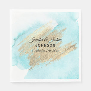 Serviette En Papier Aquarelle Blue Beach Water Turquoise Gold Mariage