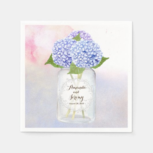 Serviette En Papier Aquarelle Blue Hydrangeas Mason Jar Mariage (Devant)