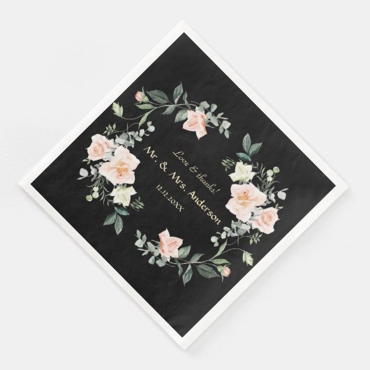 Serviette En Papier Aquarelle Blush Fleurs blanches Mariage noir (Coin)