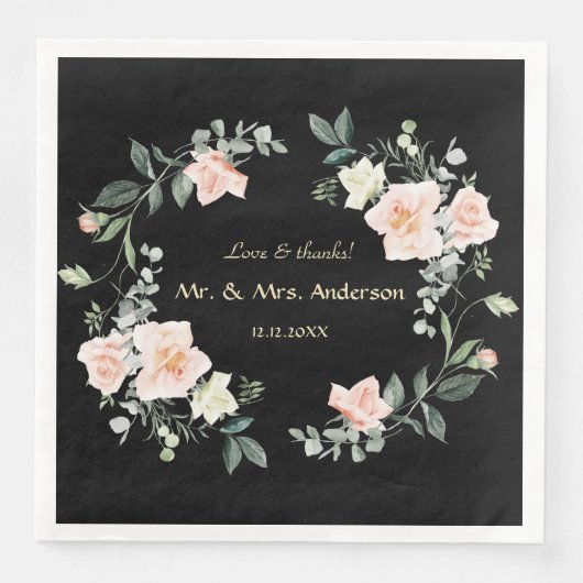 Serviette En Papier Aquarelle Blush Fleurs blanches Mariage noir (Devant)