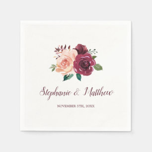 Serviette En Papier Aquarelle Blush rose Bourgogne Rose Floral Mariage