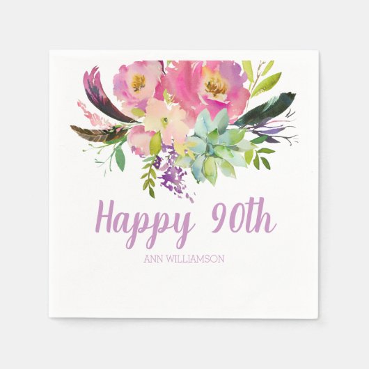 Serviette En Papier Aquarelle Boho rose et violet Floral Anniversaire (Devant)