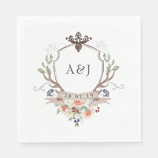 Serviette En Papier Aquarelle Bois Laurel Crest Monogramme Mariage (Devant)