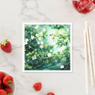 Serviette En Papier Aquarelle botanique Fleurs blanches Feuilles verte