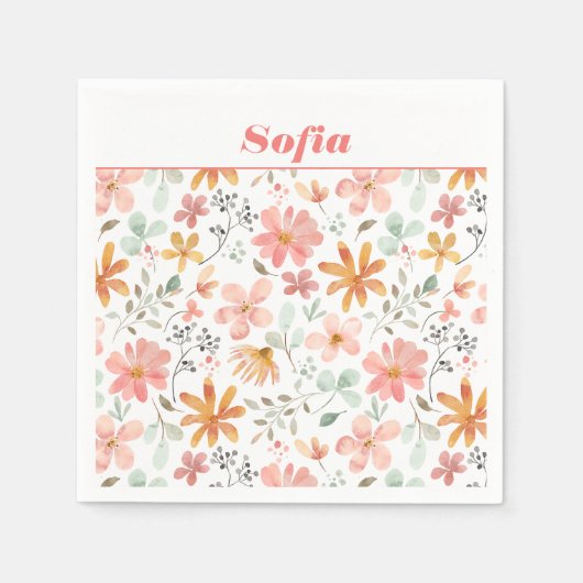 Serviette En Papier Aquarelle botanique motif personnalisé rose blanc (Devant)