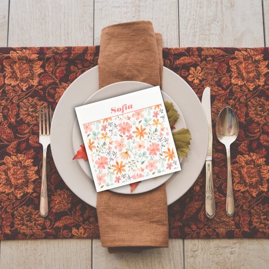 Serviette En Papier Aquarelle botanique motif personnalisé rose blanc