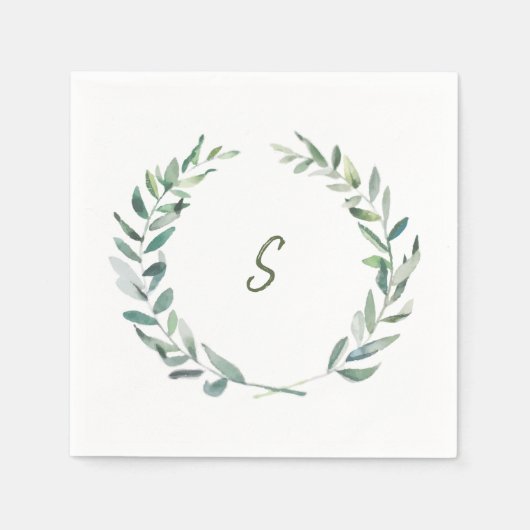 Serviette En Papier Aquarelle botanique olive feuilles monogrammés (Devant)