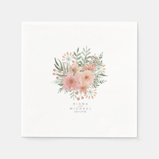 Serviette En Papier Aquarelle Bouquet Mariage Blush ID654 (Devant)