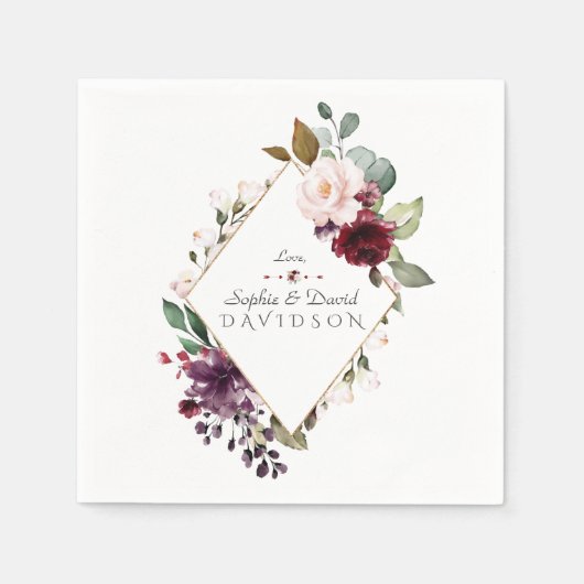 Serviette En Papier Aquarelle Bourgogne Blush Flowers Mariage de cadre (Devant)