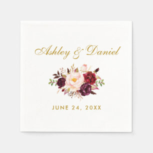 Serviette En Papier Aquarelle Bourgogne Floral Mariage or