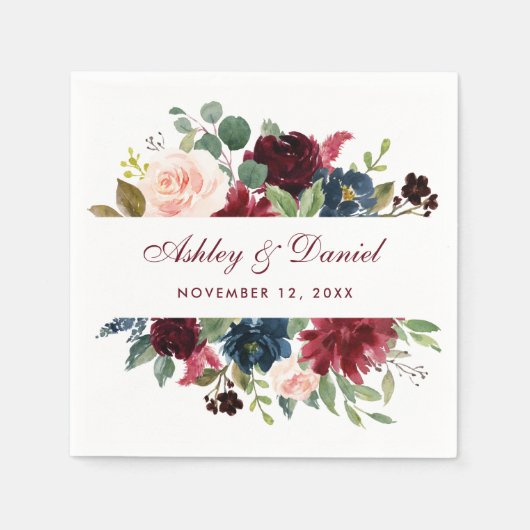 Serviette En Papier Aquarelle Burgundy Blue Floral Mariage (Devant)
