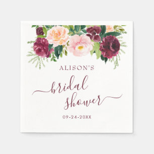 Serviette En Papier Aquarelle Burgundy Blush Fête des mariées florale