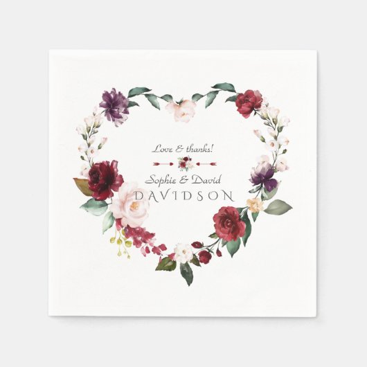 Serviette En Papier Aquarelle Burgundy Blush Fleurs Mariage de couronn (Devant)