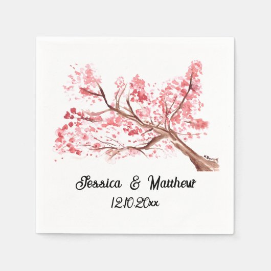 Serviette En Papier Aquarelle cerisier fleurs Mariages (Devant)