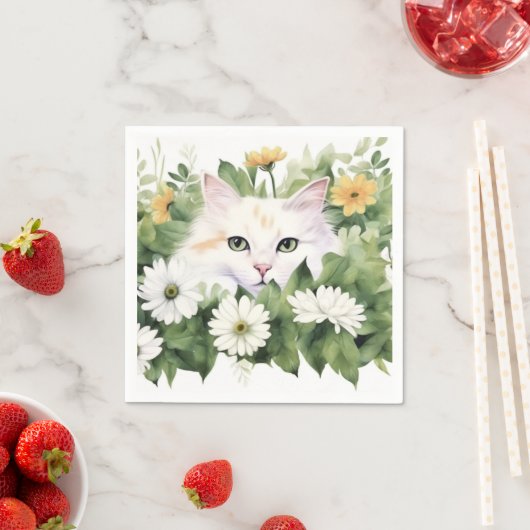 Serviette En Papier Aquarelle Chat Blanc Dans Les Faisceaux (En situation)