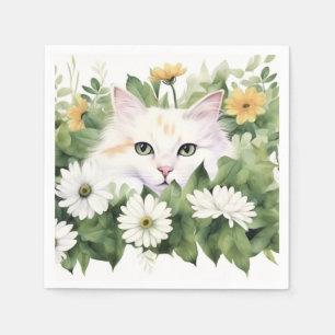 Serviette En Papier Aquarelle Chat Blanc Dans Les Faisceaux