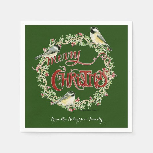 Serviette En Papier Aquarelle Chickadee Birds Joyeux Noël Wreath (Devant)