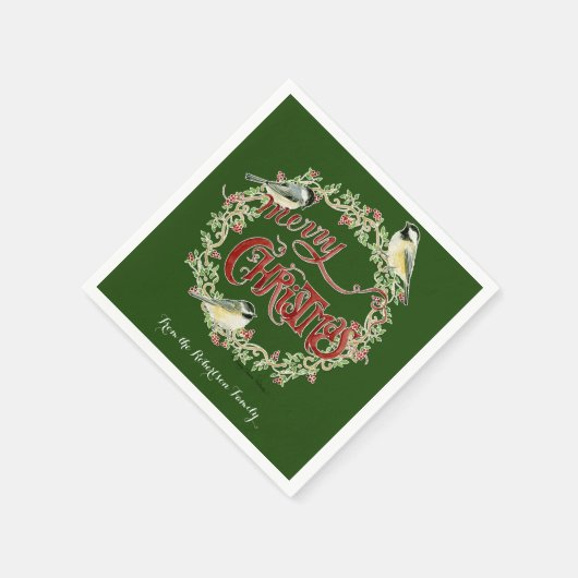 Serviette En Papier Aquarelle Chickadee Birds Joyeux Noël Wreath (Coin)
