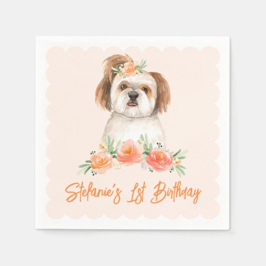 Serviette En Papier Aquarelle Chih Tzu et Fleurs de Pêche Chien Annive (Devant)