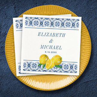 Serviette En Papier Aquarelle Citron bleu italien Carrelage Mariage