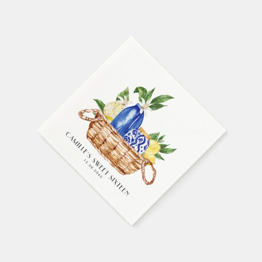 Serviette En Papier Aquarelle Citron Méditerranée Panier Doux 16 (Coin)