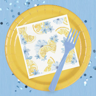 Serviette En Papier Aquarelle Citron Tranché et Motif de Fleur Bleue