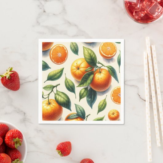 Serviette En Papier Aquarelle Citrus Orange Feuille Mariage (En situation)