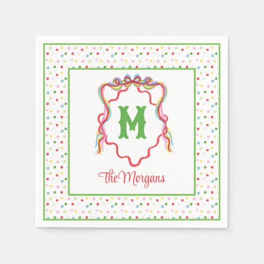 Serviette En Papier Aquarelle Confetti Noël Bow Monogram Crest (Devant)