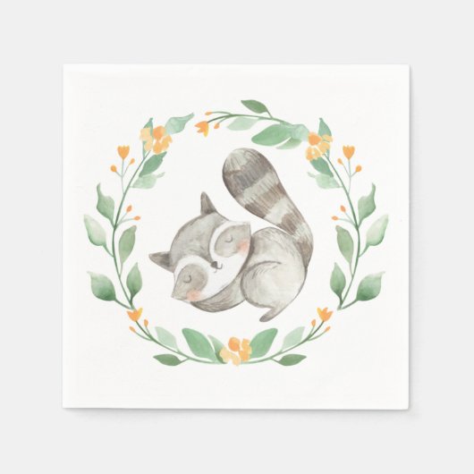 Serviette En Papier Aquarelle couchage Raccoon verdure Wreath (Devant)
