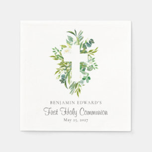 Serviette En Papier Aquarelle Croix Florale Verdure Première communion