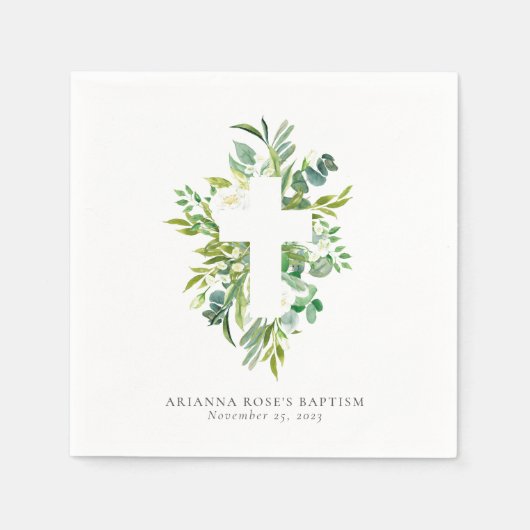 Serviette En Papier Aquarelle Croix Florale Vert Baptême (Devant)