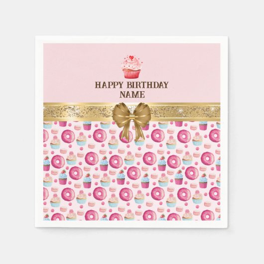 Serviette En Papier Aquarelle Cupcakes, beignes et macarons d'annivers (Devant)
