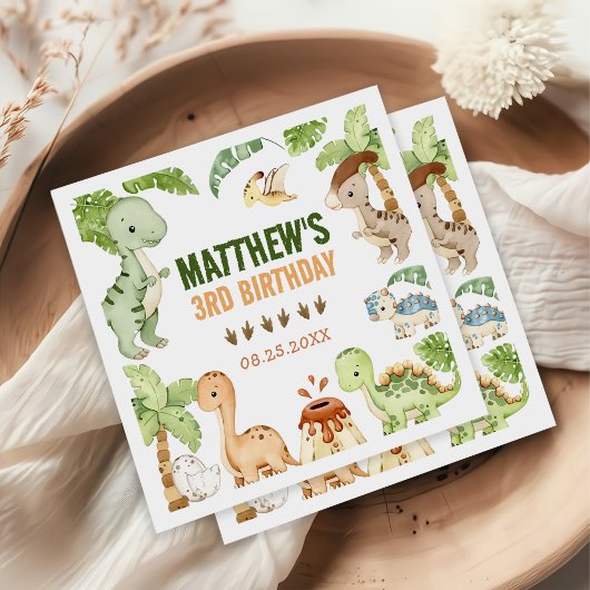 Serviette En Papier Aquarelle Cute Dinosaur Vert 3e anniversaire